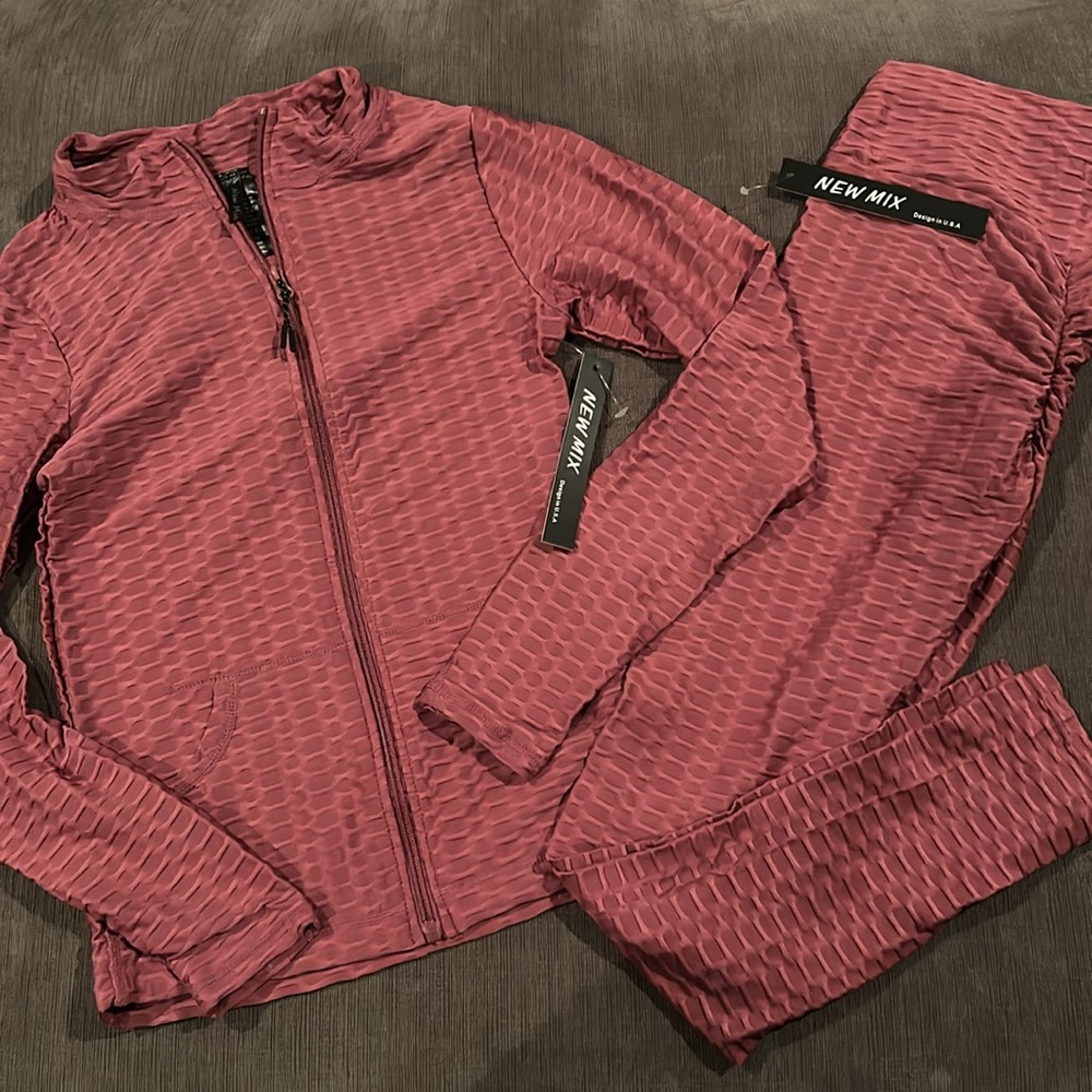 NEW MIX Mauve Textured Honeycomb 2 Piece Tracksuit Set NWT S/M or L/XL - Picture 2 of 8